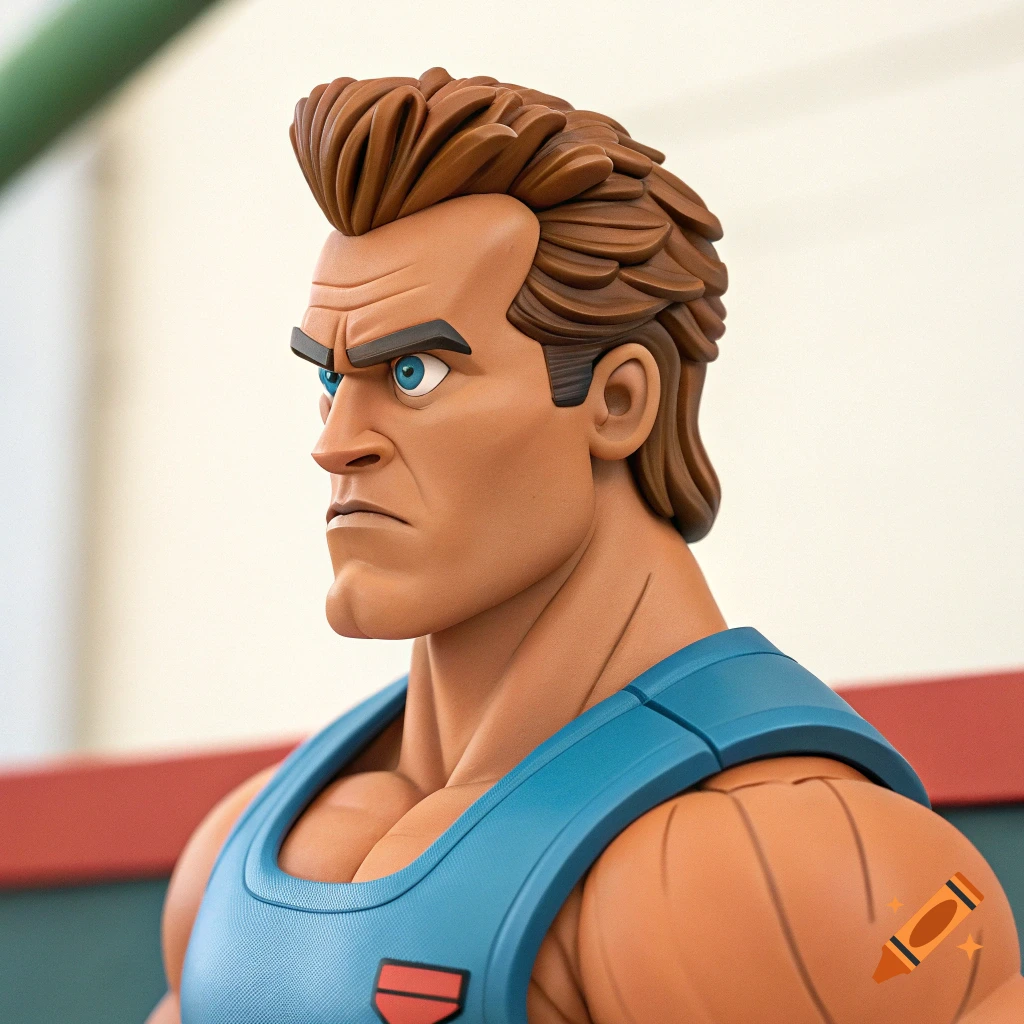 Close-up of a claymation-style figure of a muscular man in a blue tank top.