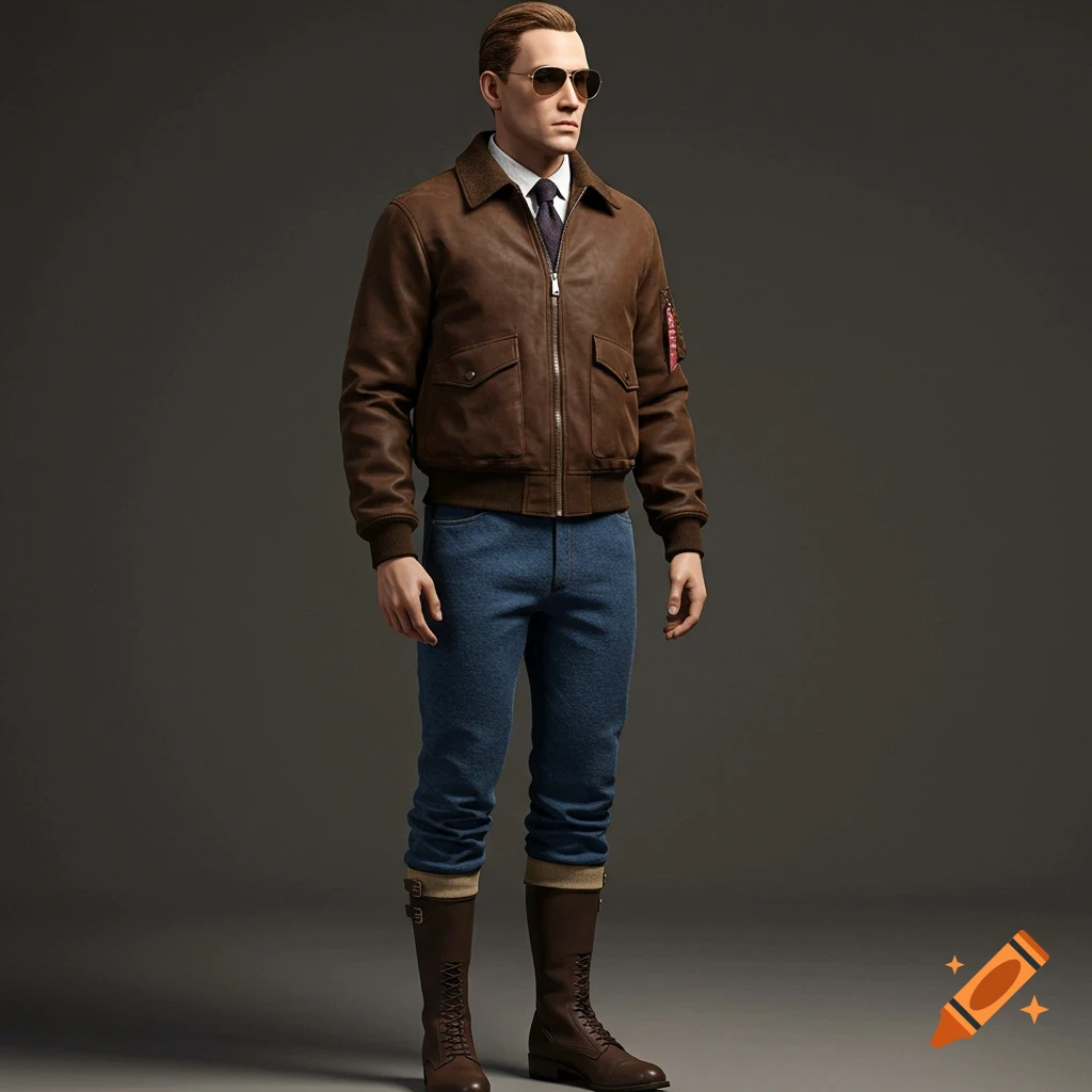 A man in a brown bomber jacket, blue jeans, and boots wearing sunglasses. Photorealistic style.