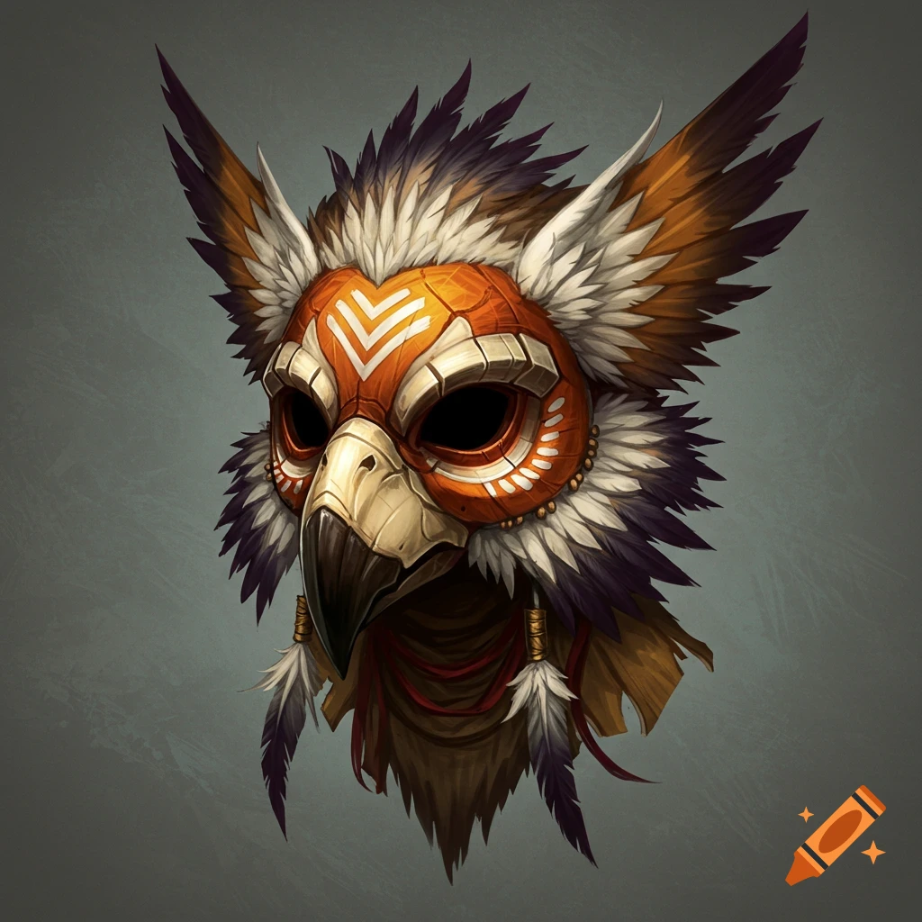 A detailed fantasy mask resembling a bird's head with feathers and ornate markings.