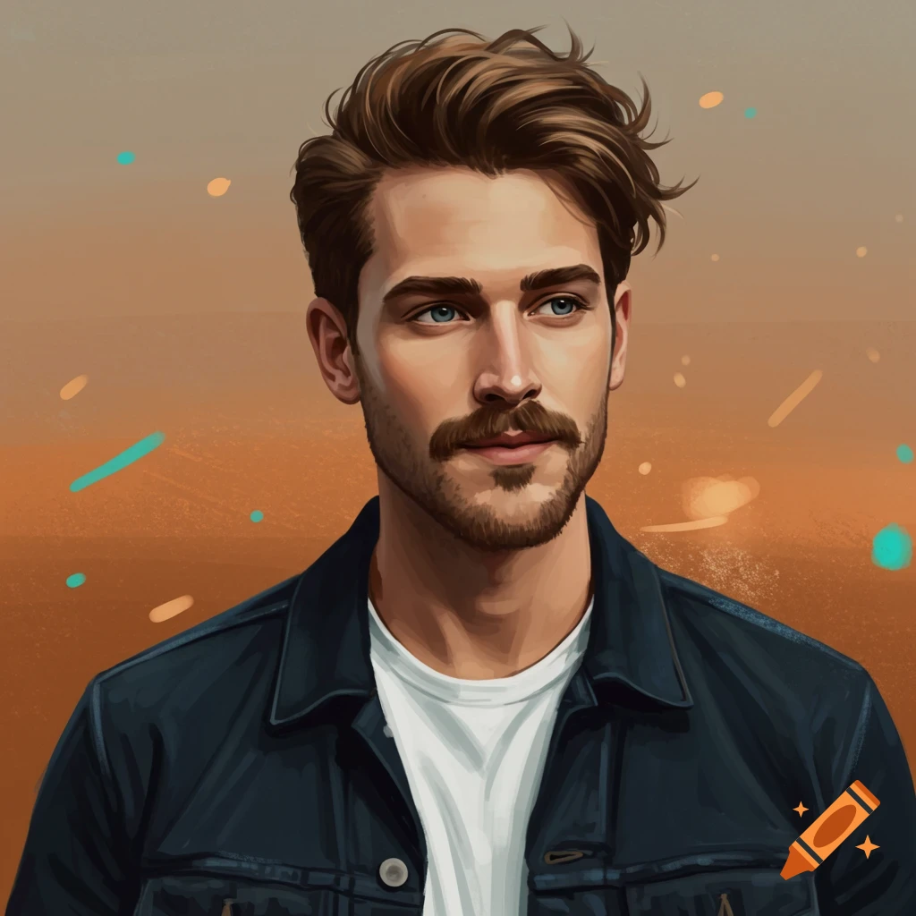 A portrait of a man with a mustache and beard, wearing a denim jacket and white shirt, against an abstract background.