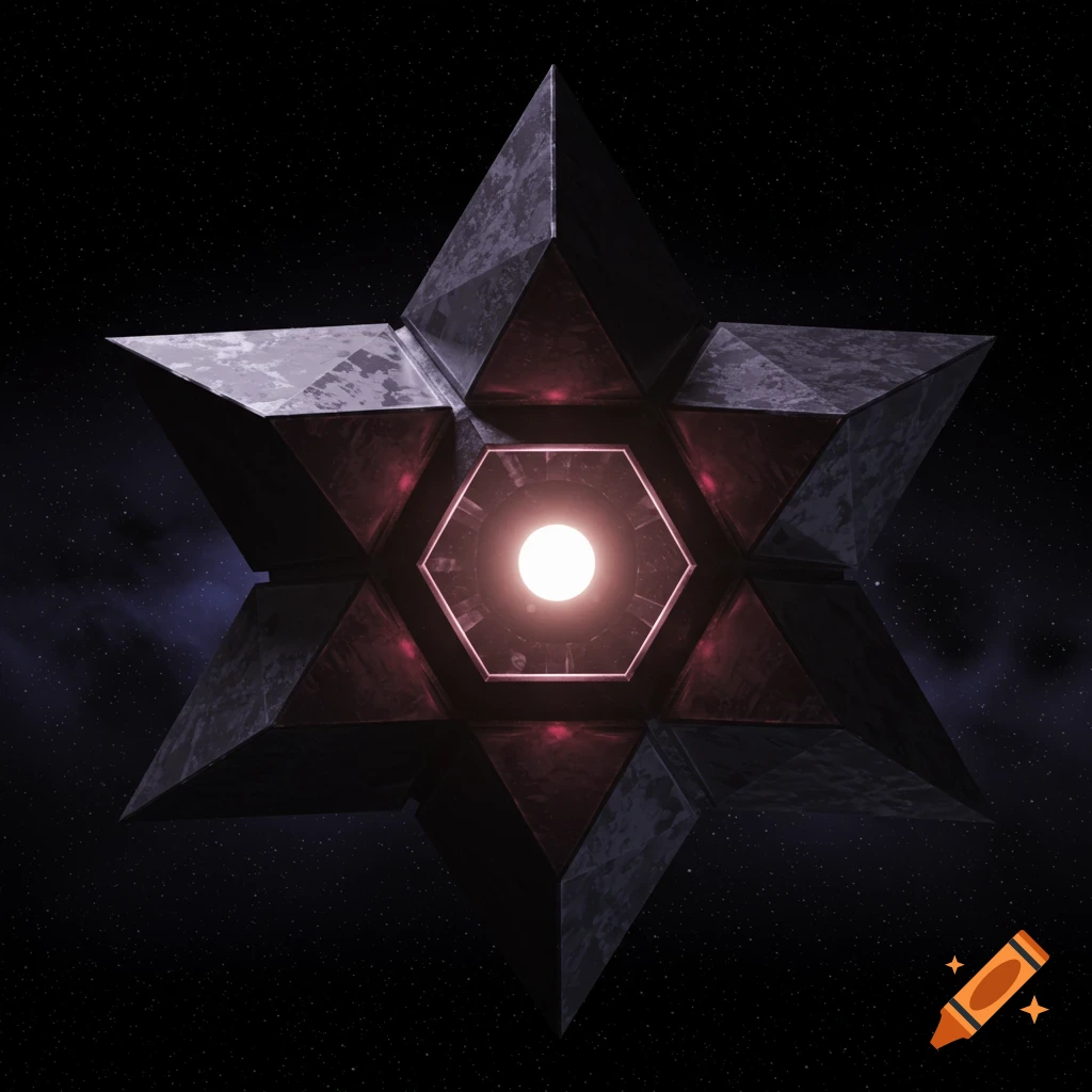 A dark metallic star-shaped structure with a glowing center floats in space.