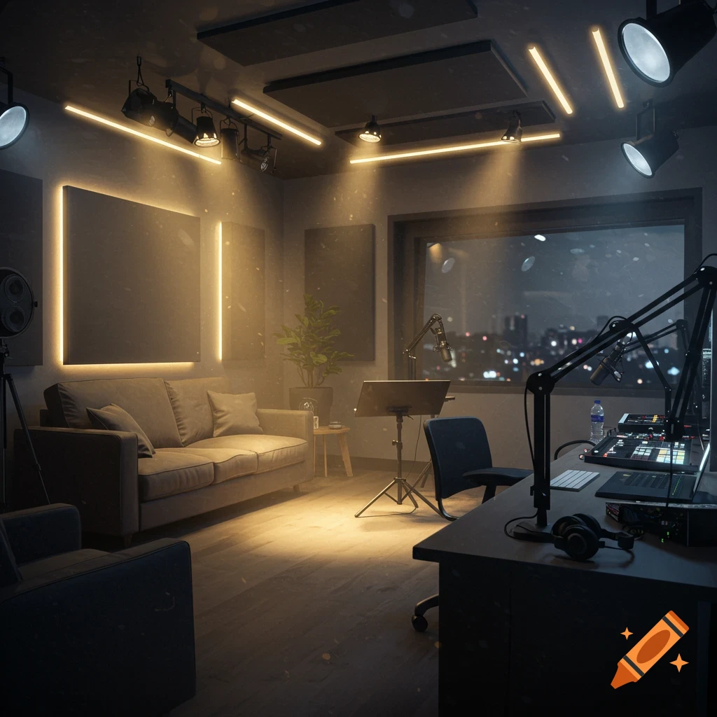 Photorealistic image of an empty podcast studio at night with city lights visible outside the window.