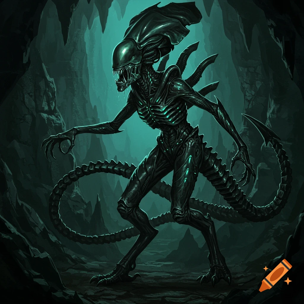 A dark, detailed illustration of a Xenomorph alien standing in a dimly lit cave.