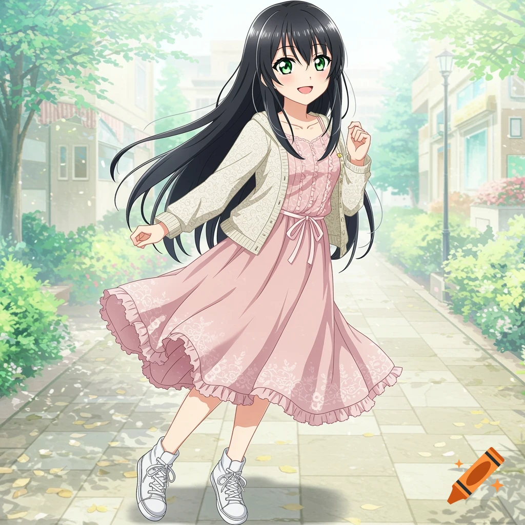 Anime girl with black hair and green eyes in a pink dress and white cardigan walks on a sunny sidewalk.