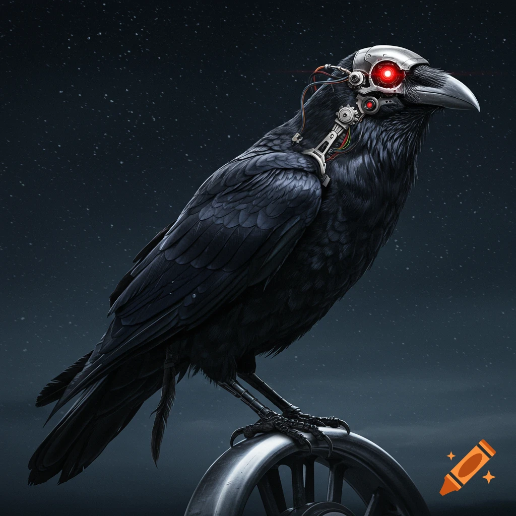 A black raven with futuristic robotic enhancements on its head and shoulder sits on a metal wheel against a starry night sky.
