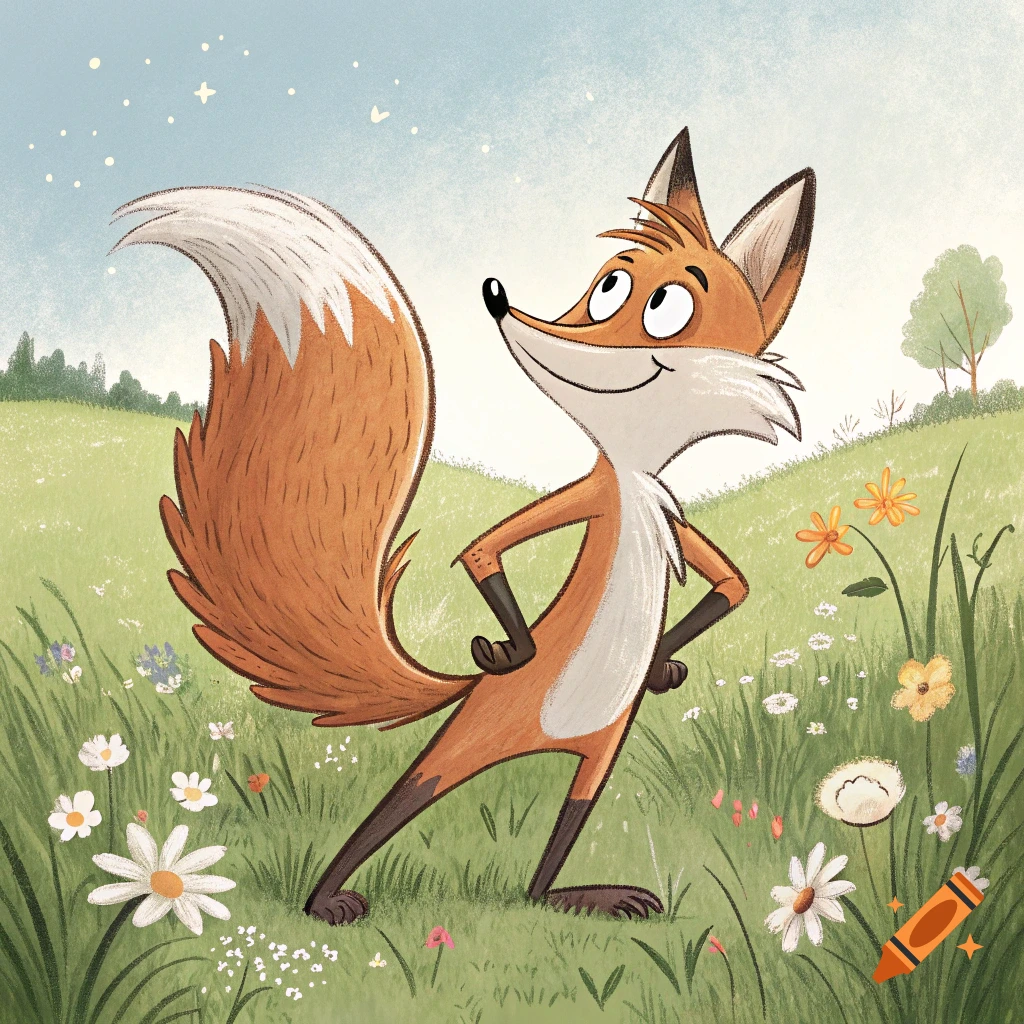 Cartoon fox standing proudly in a field of wildflowers.