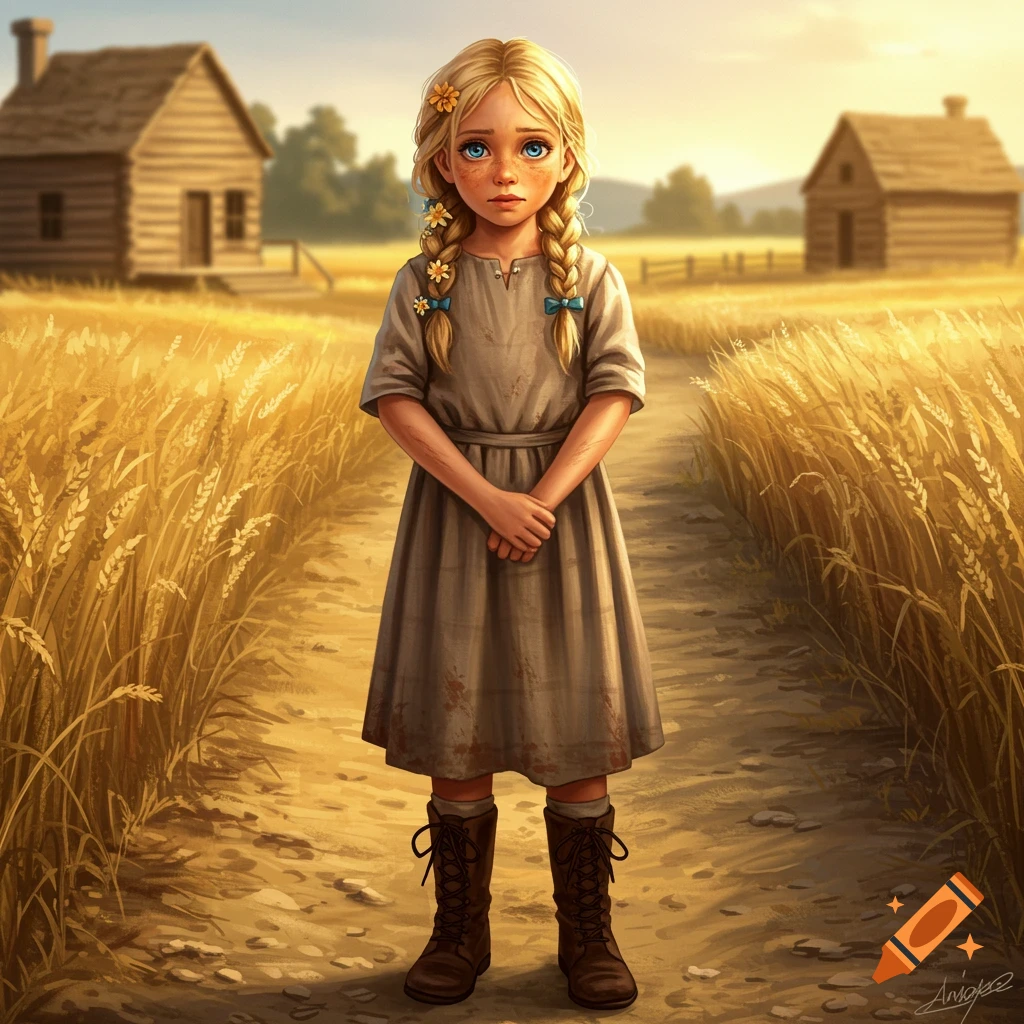 A blonde girl with braided hair stands in a field of wheat with rustic wooden houses in the background.