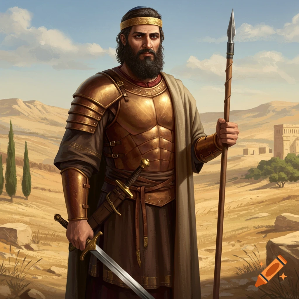 A man in golden armor, holding a sword and spear, stands in a desert landscape.