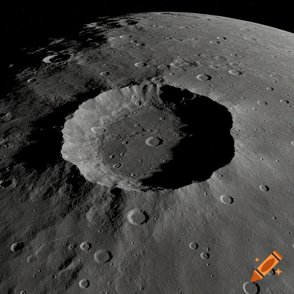Aerial view of a large impact crater on the gray, cratered surface of the Moon.