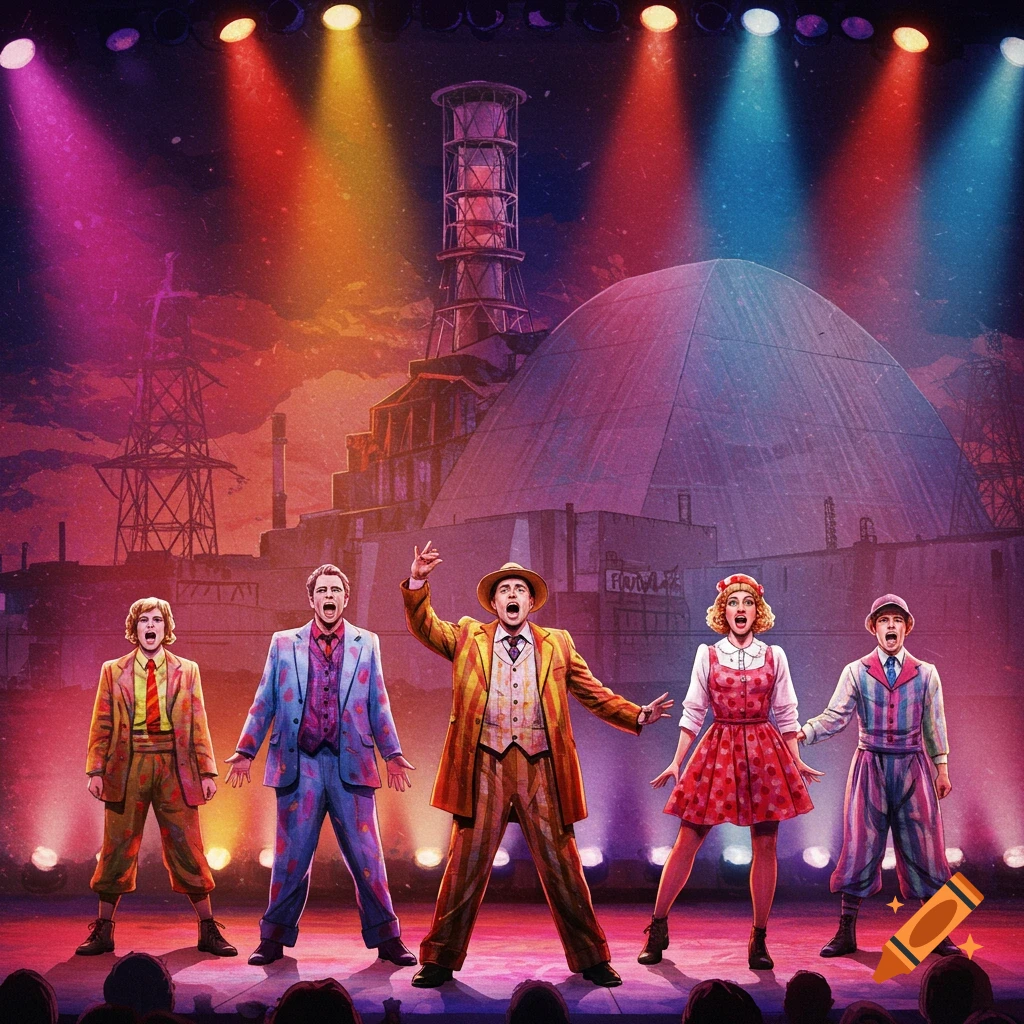 Five performers sing on a stage with a backdrop of the Chernobyl nuclear power plant, illuminated by colorful spotlights.