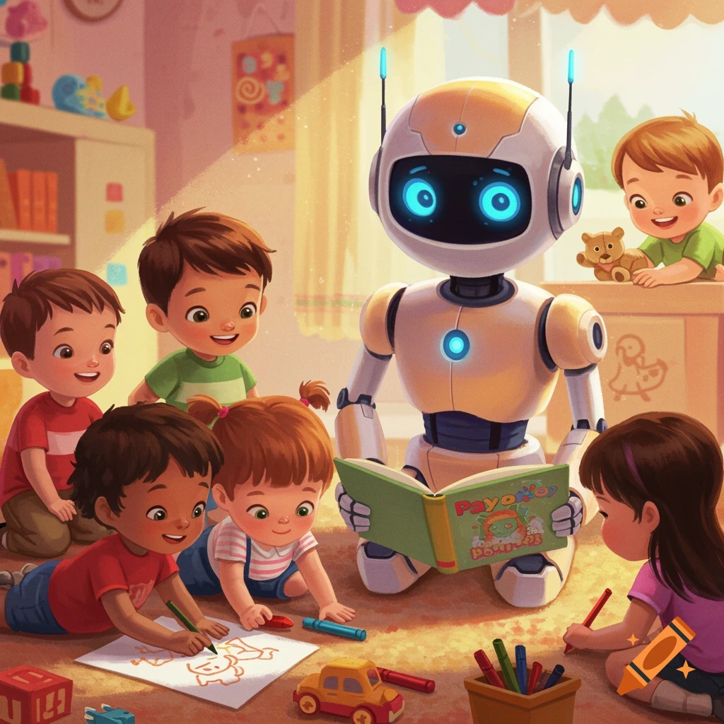 A friendly robot reads a book to a group of children sitting on the floor in a bright playroom.