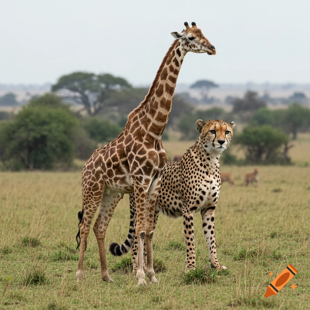 A giraffe and cheetah stand together in a grassy field