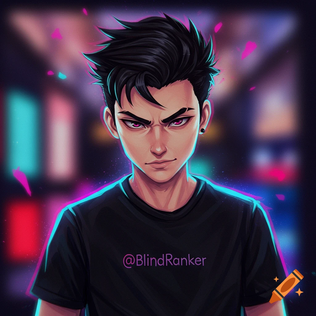 Anime style portrait of a young man wearing a black t-shirt with @BlindRanker text.