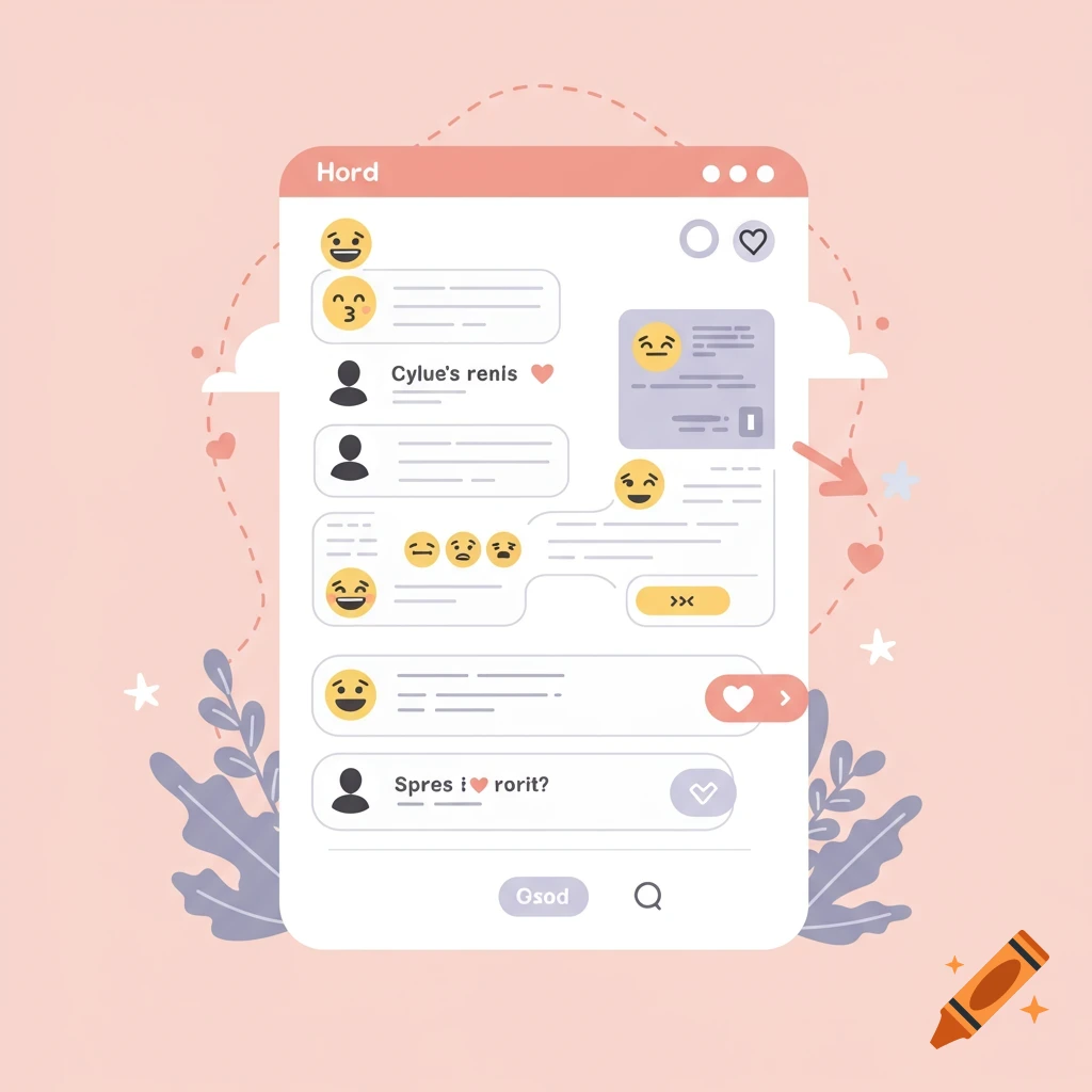 Illustration of a pastel-colored chat interface with cartoon avatars, emojis, and dashed lines.