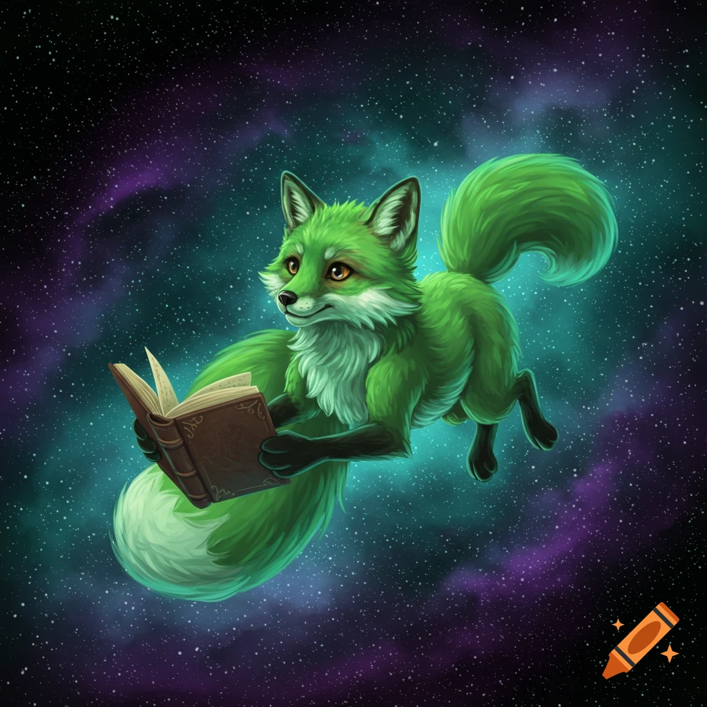 A green fox floats in space holding a book. Stars and nebulae are visible.