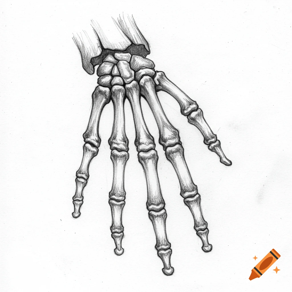 A pencil sketch of a hand skeleton.