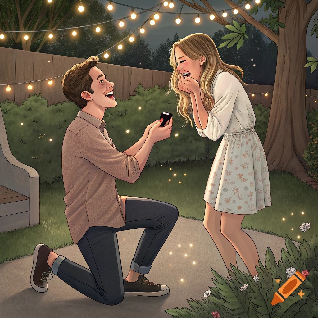 Illustrated scene of a man proposing to a woman in a backyard at night under string lights.