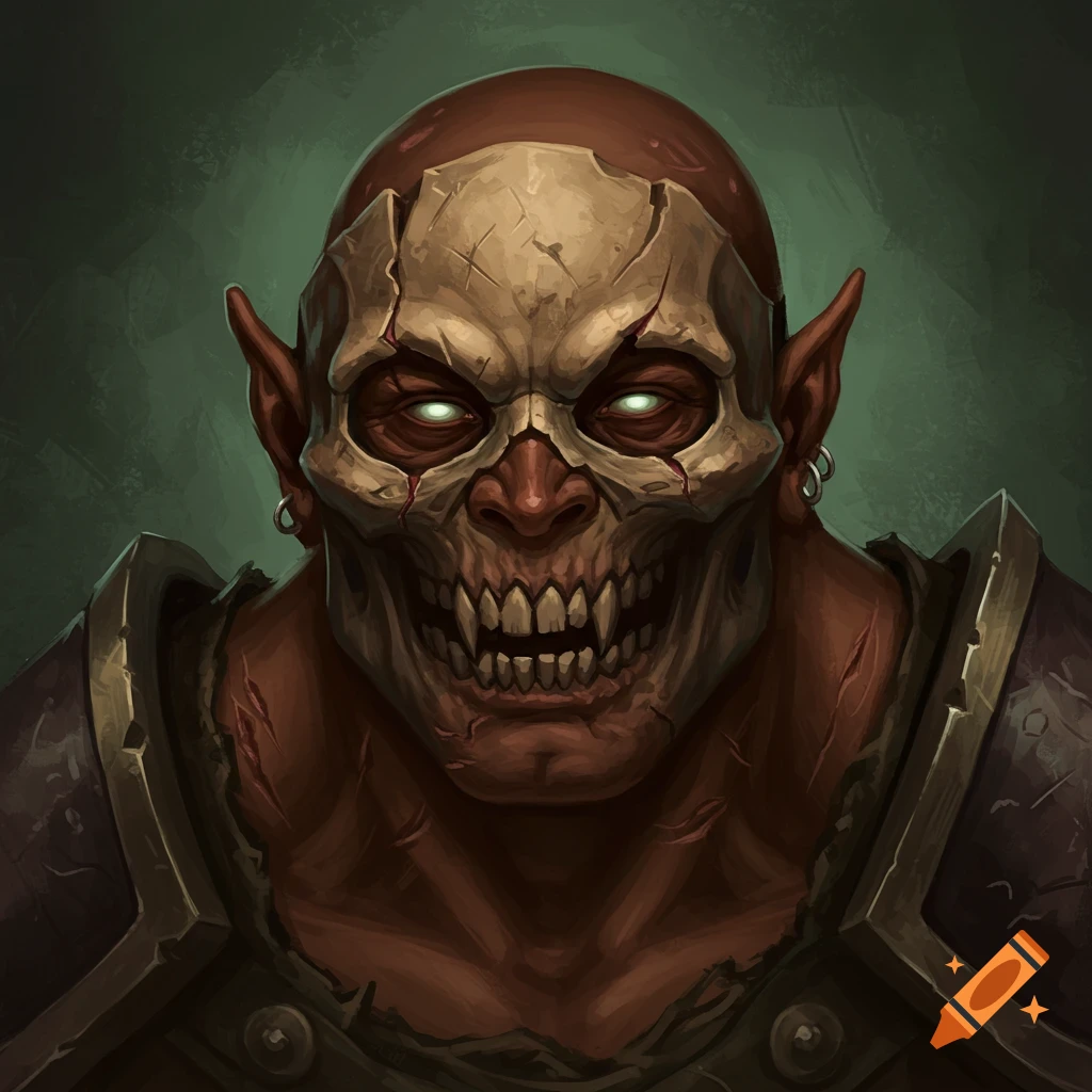 A close-up of a fierce orc wearing a cracked bone skull mask.
