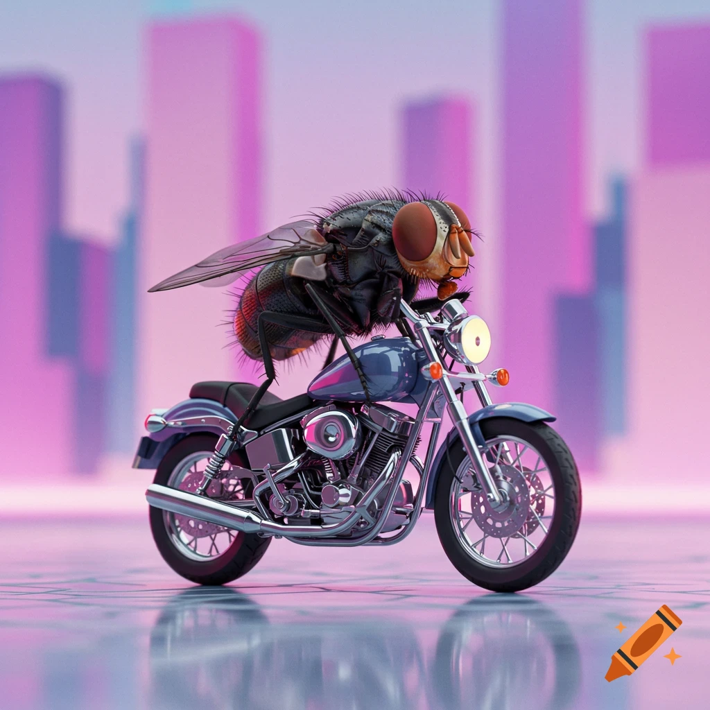 A large fly rides a motorcycle in a vaporwave city scene