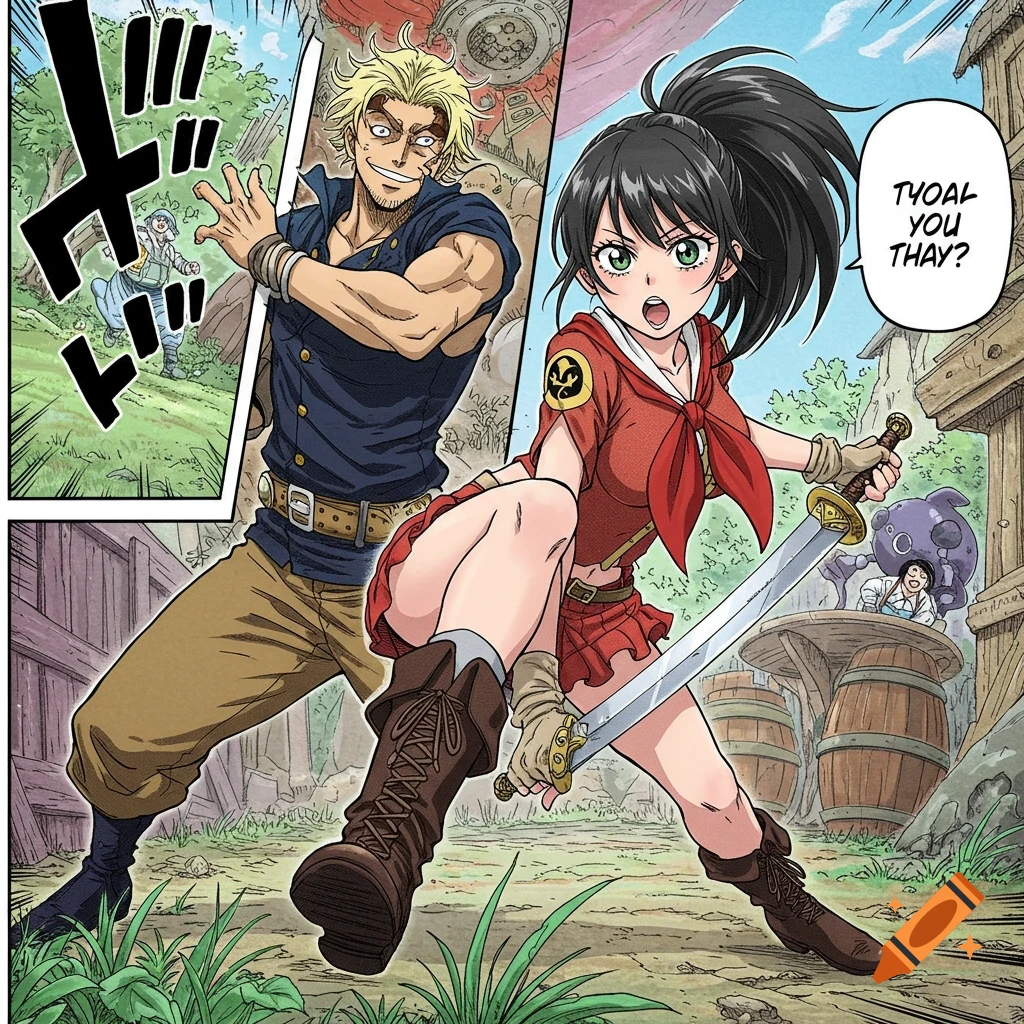 Two anime/manga characters, a man and a woman with a sword, stand in action poses in an outdoor setting. Comic book style.