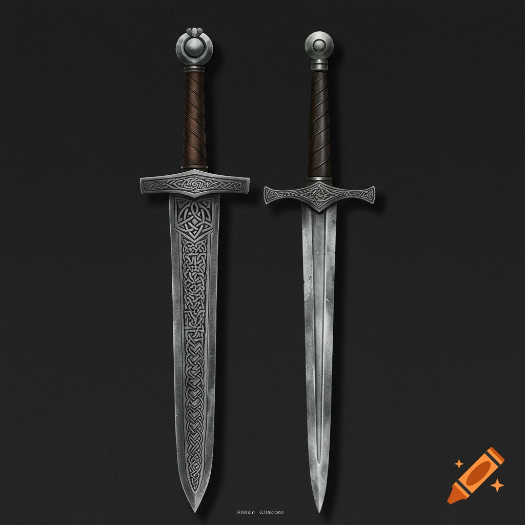 Two detailed fantasy swords with intricate hilt designs against a dark background.