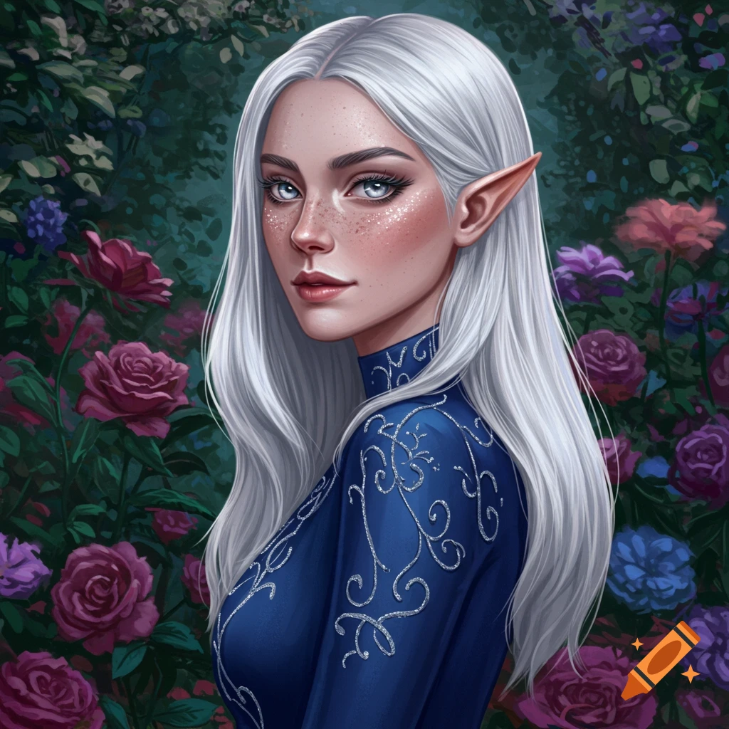 Portrait illustration of an elf woman with long white hair and pointed ears in a garden.