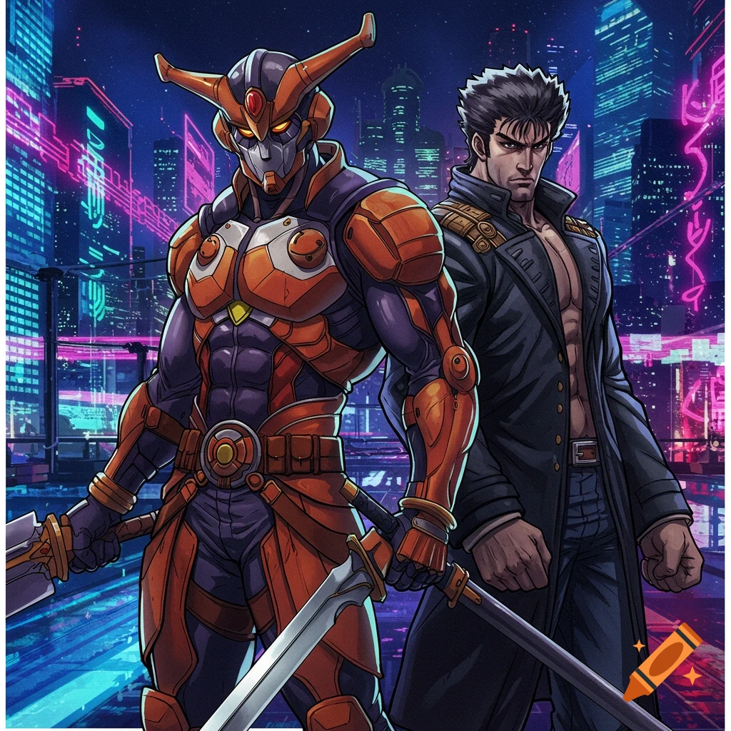 Two male characters, one in orange and purple armor, one in a trench coat, standing in a cyberpunk city at night.