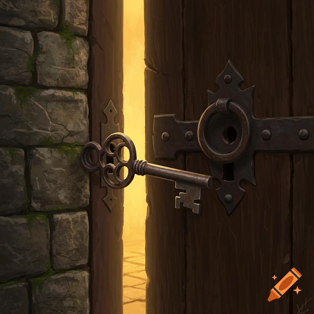 A skeleton key inserted into a large lock on an open wooden door set in a stone wall, with bright light shining from beyond.