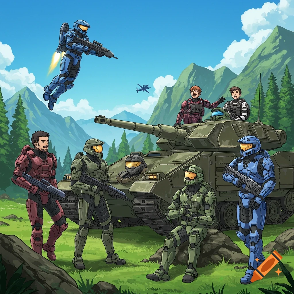 Anime style illustration of Halo Spartans around a Scorpion tank in a mountainous landscape.
