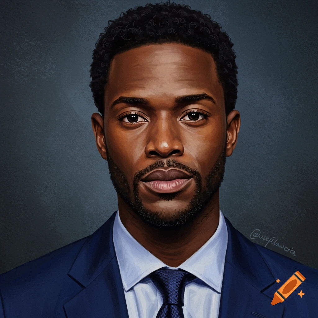 A portrait of a man with dark skin, curly hair, and a goatee, wearing a navy suit and light blue shirt with a tie.