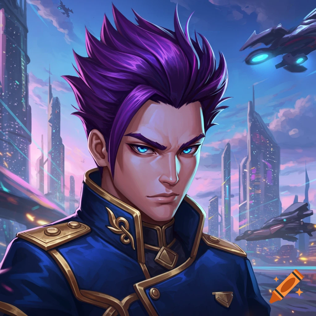 Anime portrait of a man with purple hair and blue eyes in a blue and gold uniform, standing before a futuristic cityscape and flying ships.