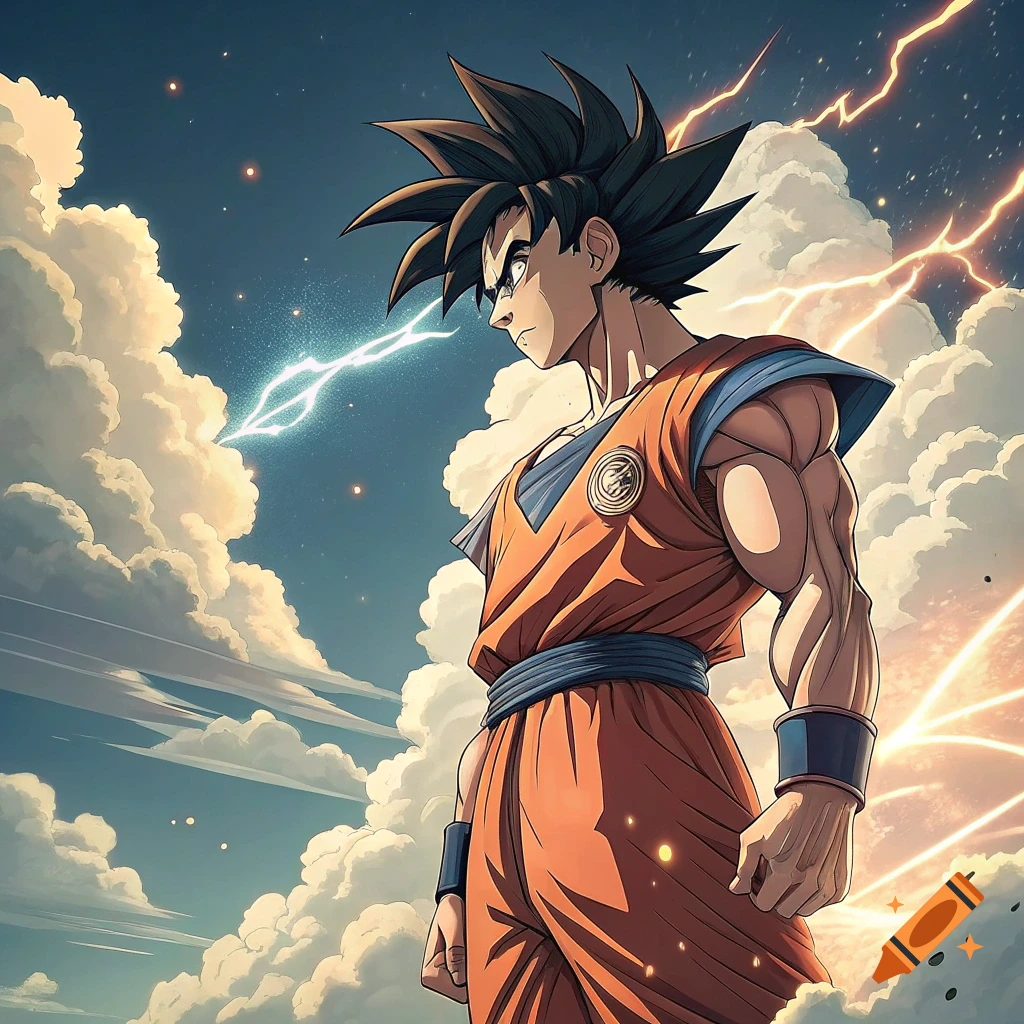 Goku from Dragon Ball Z stands in a dynamic pose surrounded by clouds and lightning in an anime style.