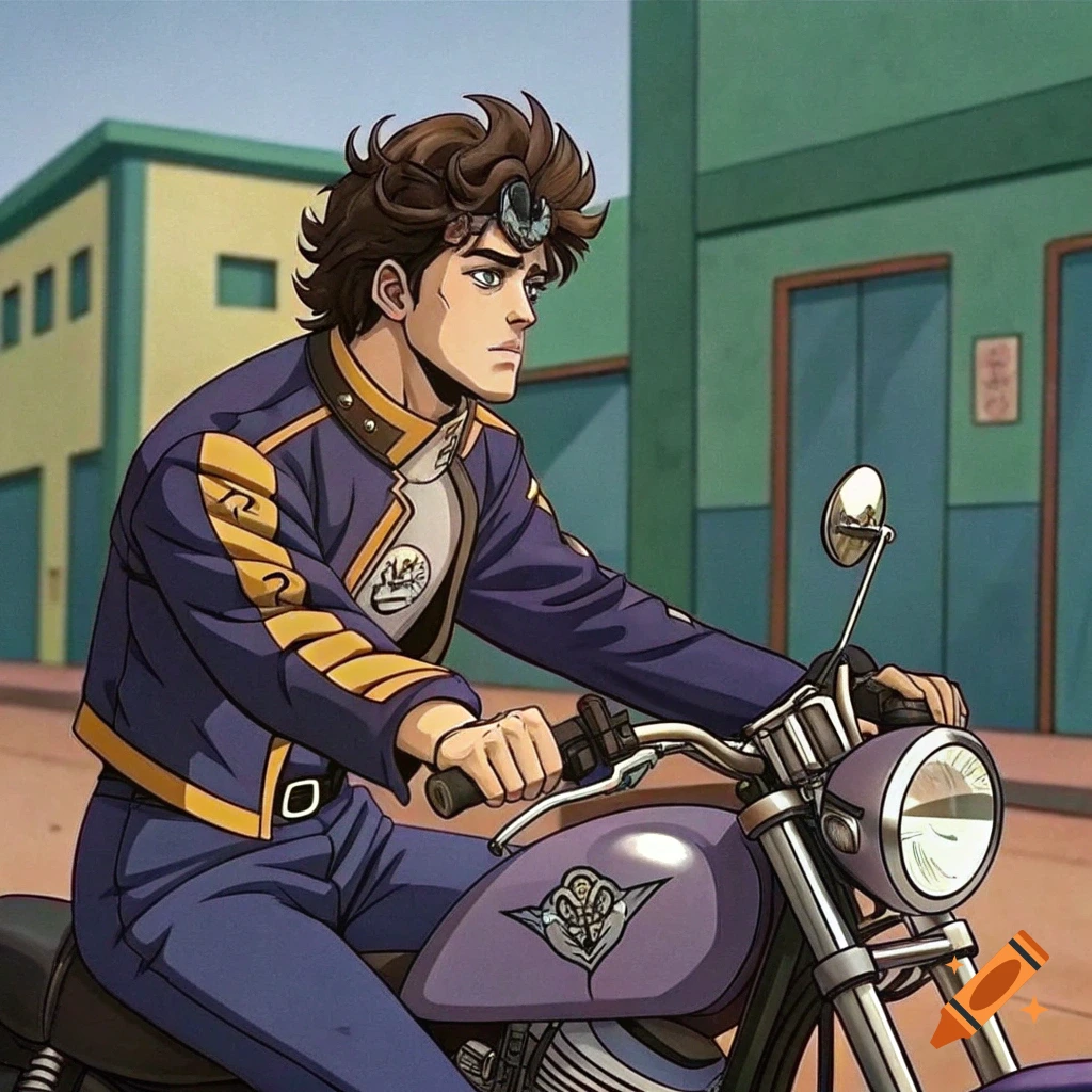 Anime man on a purple motorcycle wearing a purple and yellow jacket.