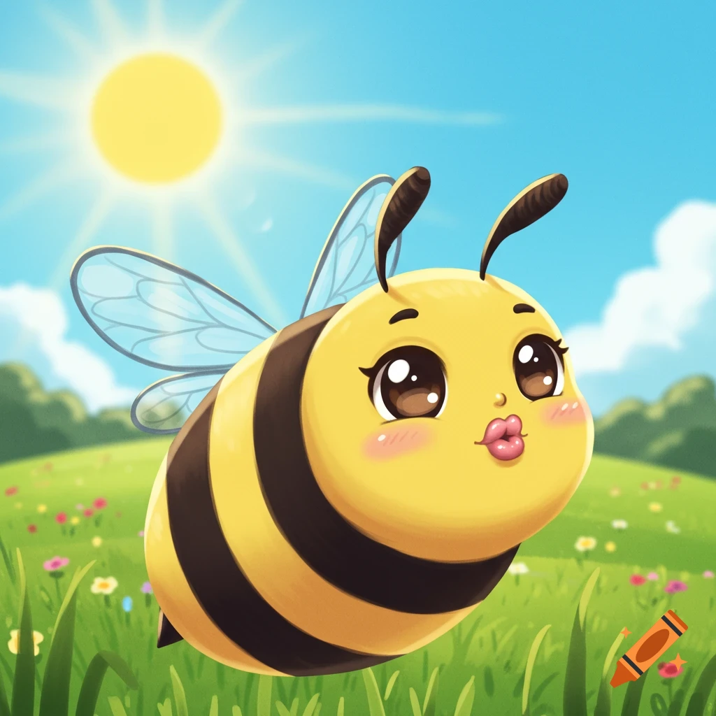 Cute cartoon bee flying in a sunny field of flowers