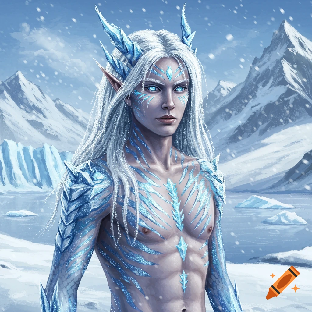 Fantasy art of an ice dragon human hybrid in a snowy mountain landscape.