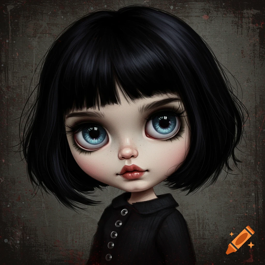 Stylized portrait of a grunge doll with large blue eyes and black hair