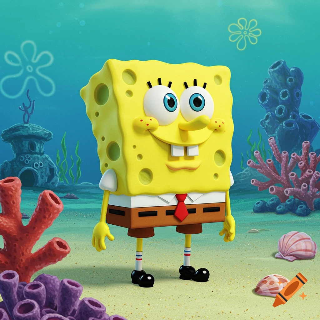 SpongeBob SquarePants stands on the ocean floor surrounded by coral and rocks.