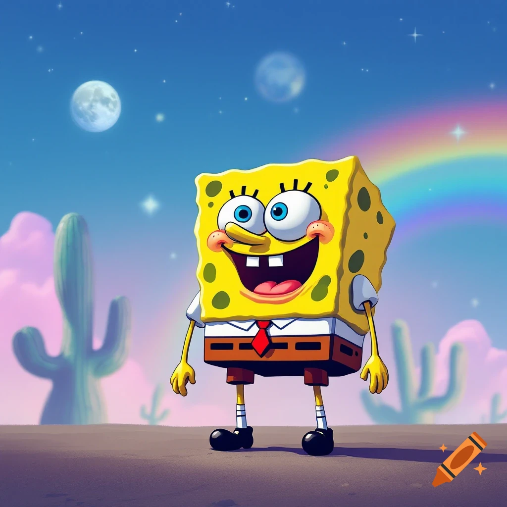 Spongebob Squarepants stands in a stylized desert landscape with cacti, multiple moons, and a rainbow.