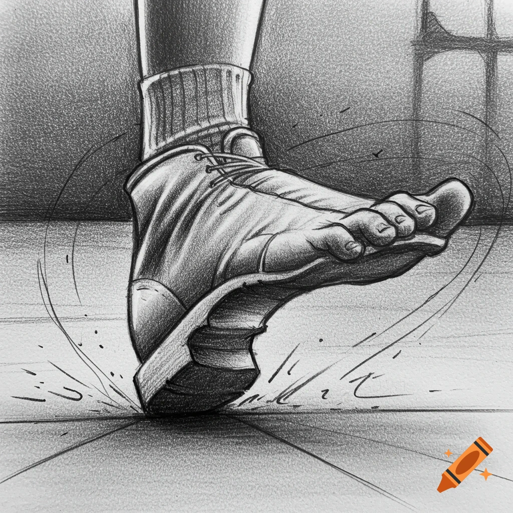 Pencil drawing of a foot in a shoe stomping on a surface, showing motion lines.