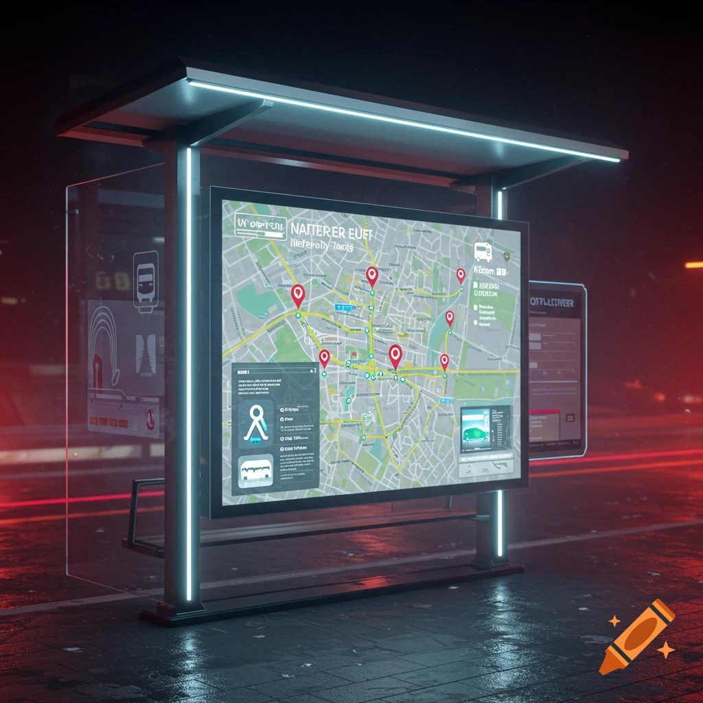 A futuristic bus stop with large digital screens showing a city map at night.