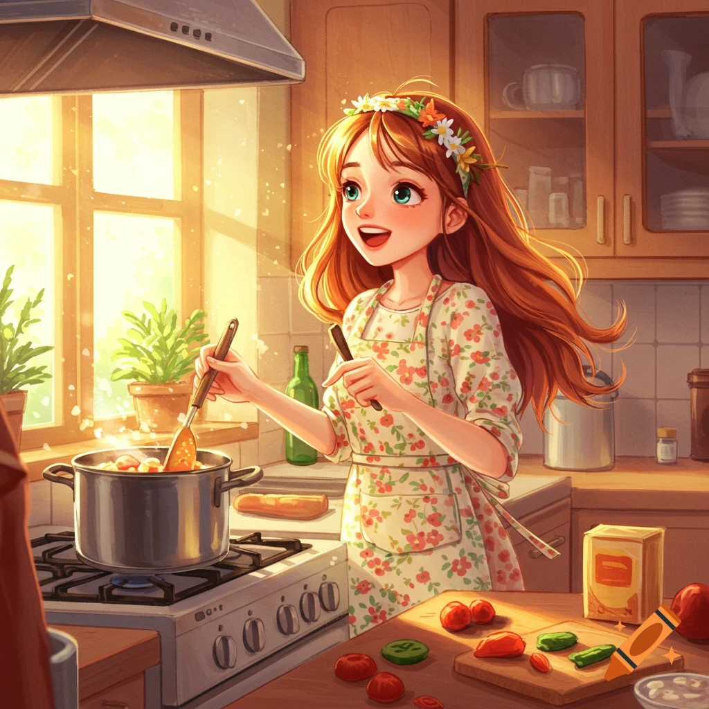 A pretty girl happily cooking in a sunny kitchen, anime style.