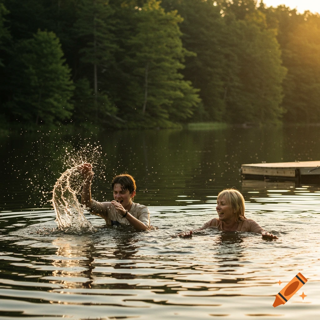 Two people swimming in a lake, one splashing water.