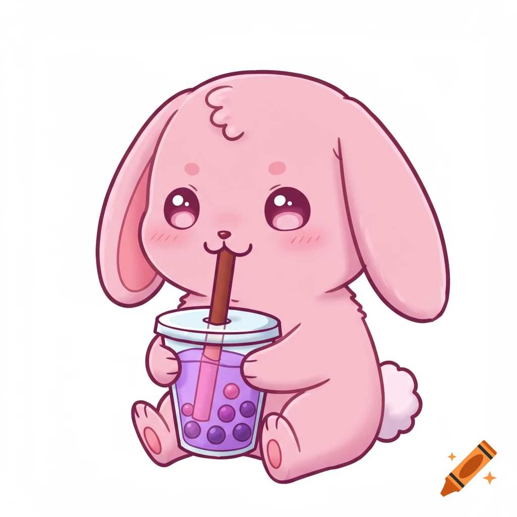 Cute pink cartoon bunny drinking boba tea