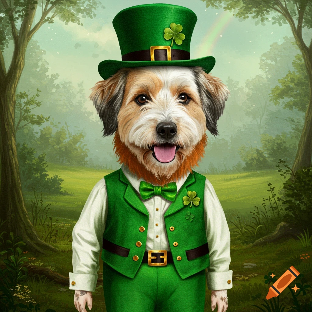 A dog dressed as a leprechaun stands in a field with a rainbow.