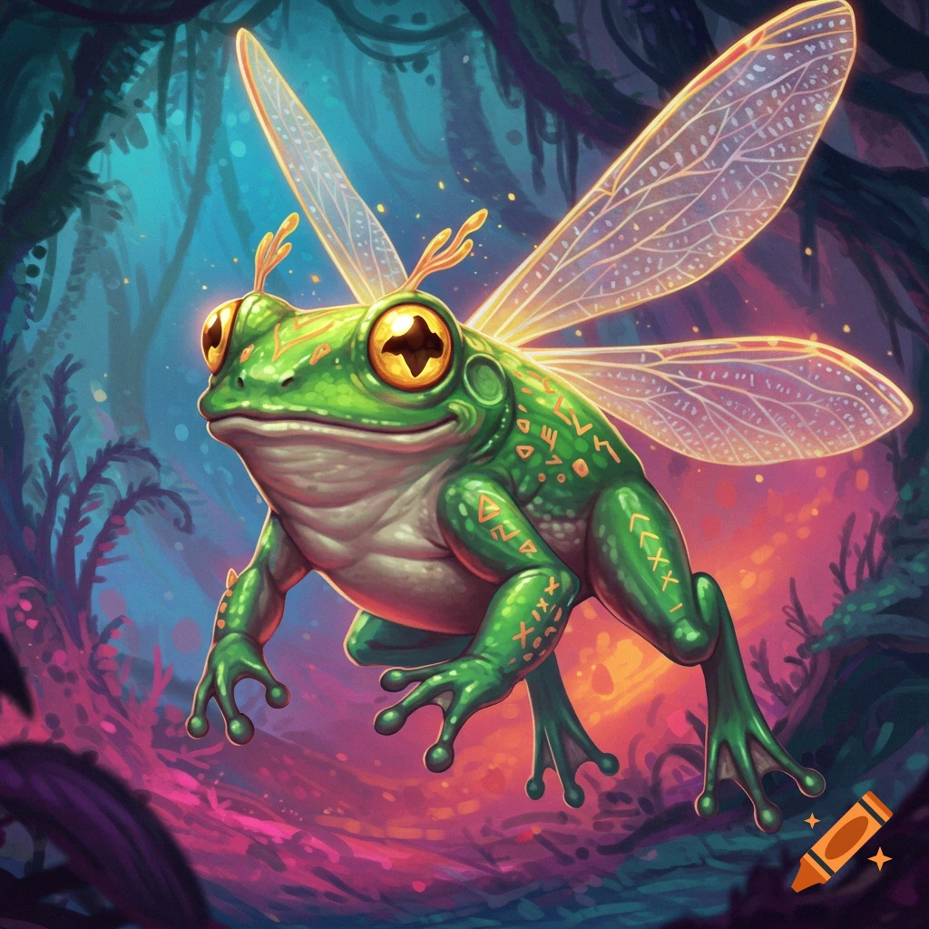 A vibrant green frog with glowing wings flies through a magical jungle.