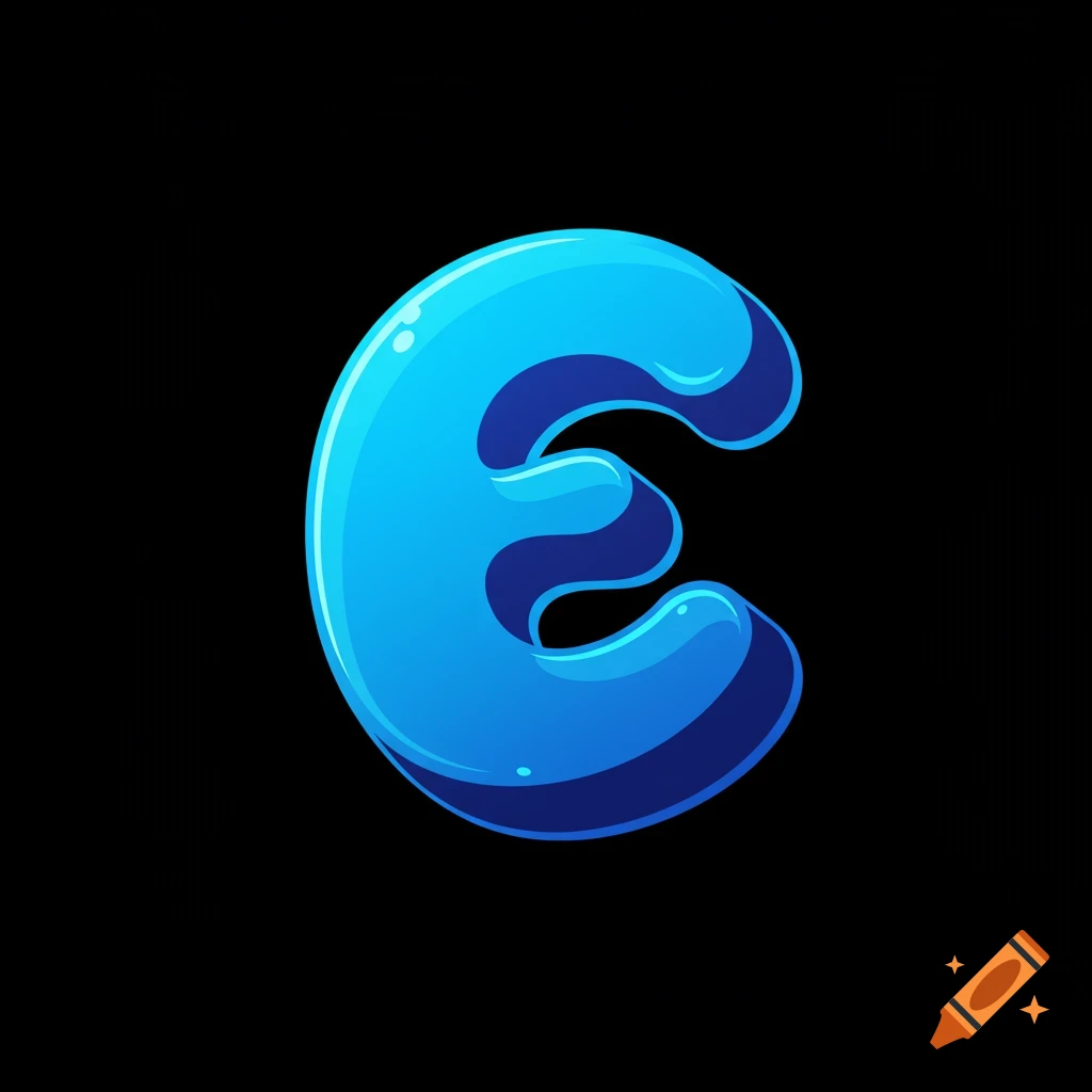 A shiny blue stylized letter E on a black background.