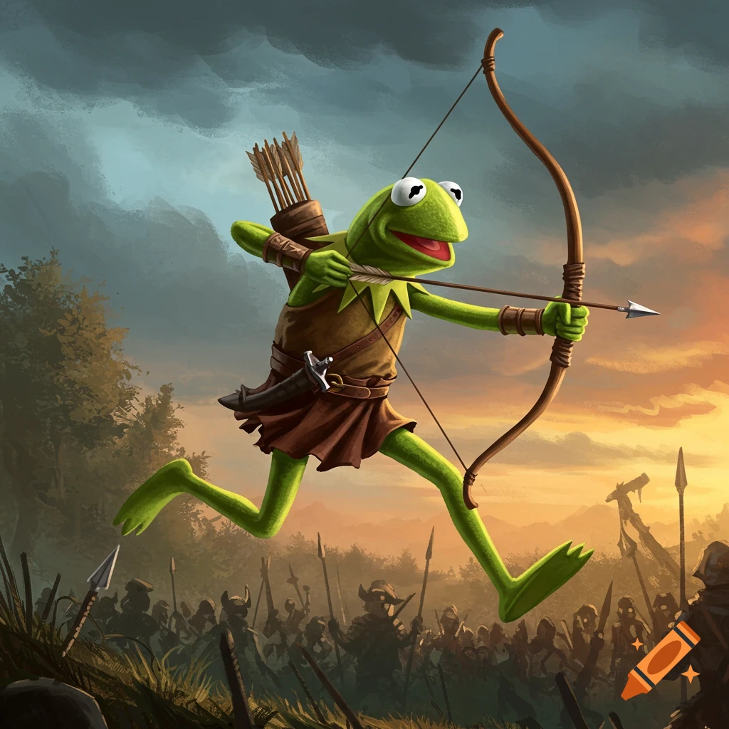 Kermit the Frog as an archer leaping over a battlefield at sunset.