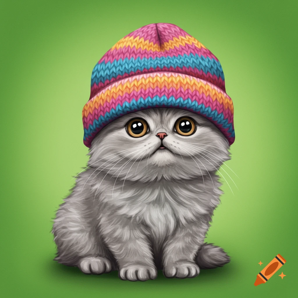 Cute grey fluffy cat in a colorful striped beanie hat against a green background, illustration style.