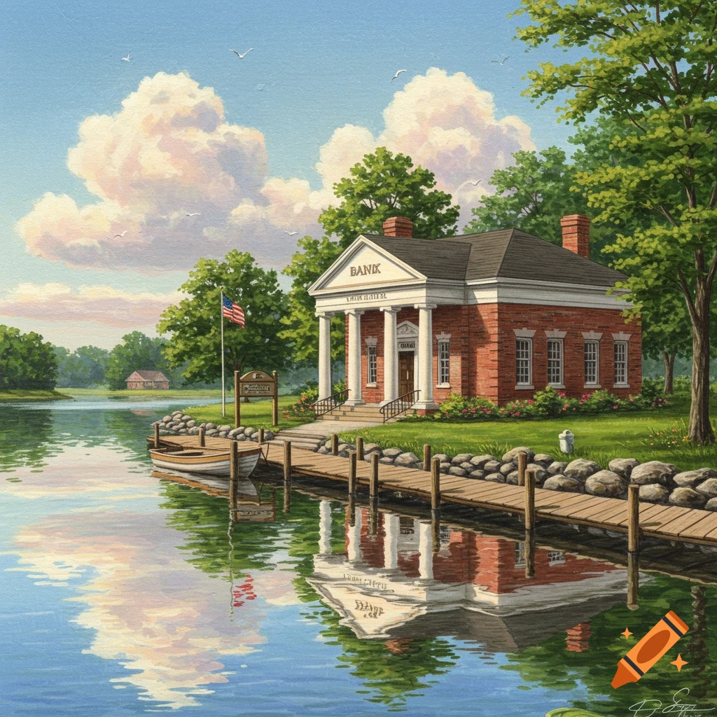A brick bank building stands beside a lake with a dock and trees under a cloudy sky in a painterly style.