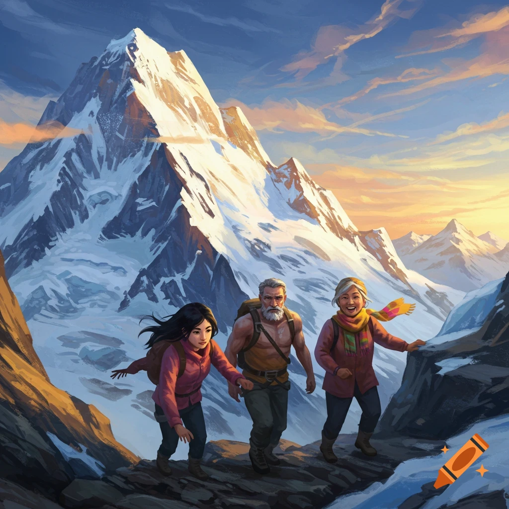 Illustration of three hikers ascending a snowy mountain path at sunset.